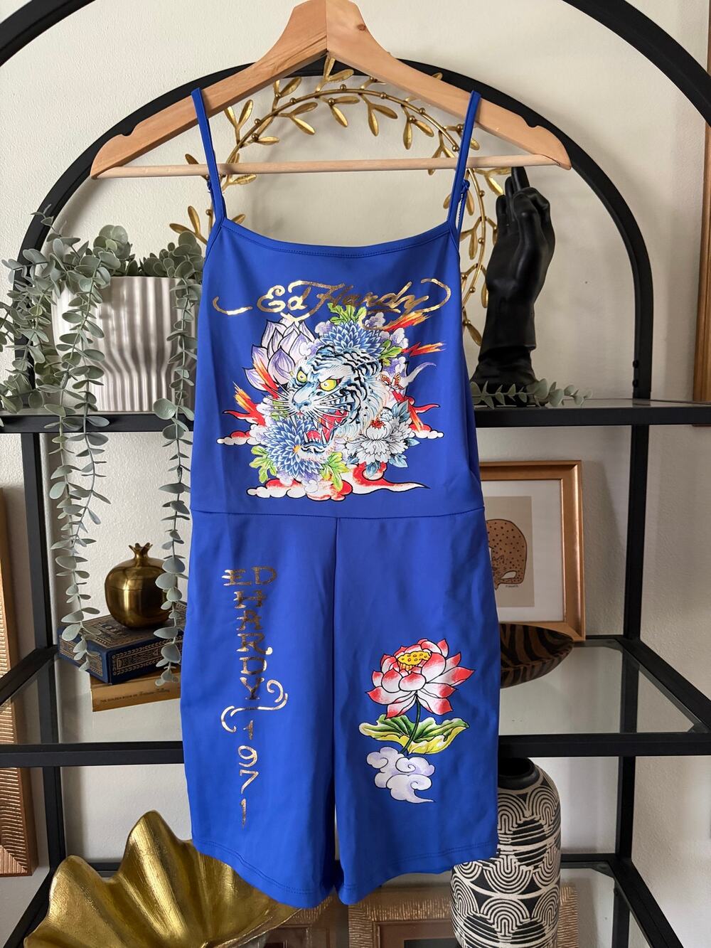 Ed Hardy Tiger Lotus Graphic Romper Womens Small Blue Biker Unitard Y2K Tattoo
